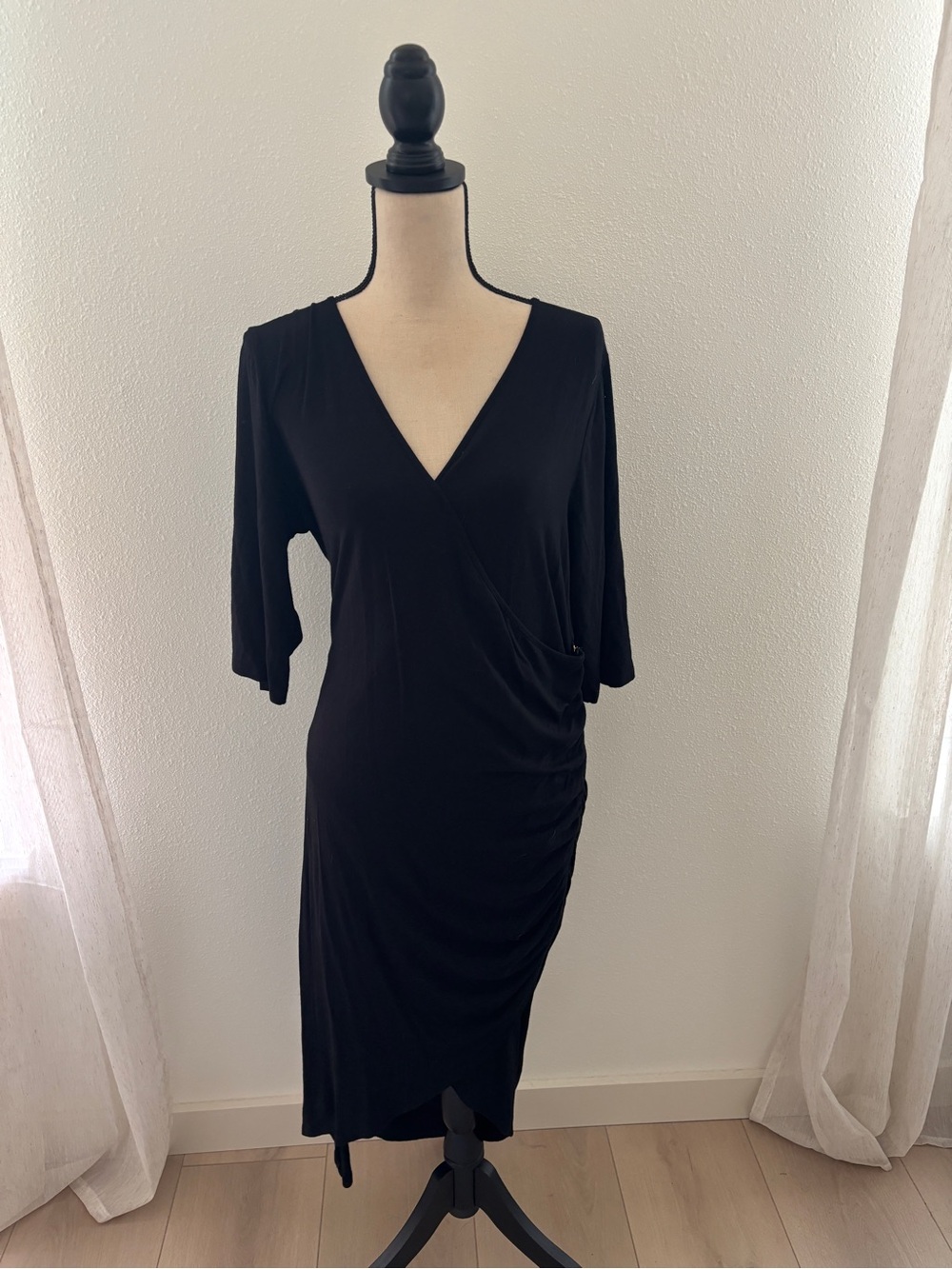 Black V-Neck Ruched Wrap Midi Dress